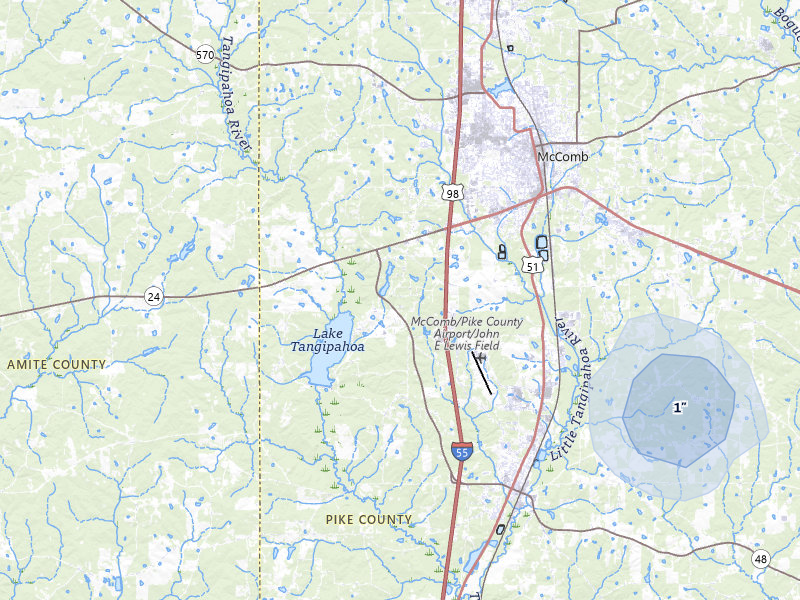 NEXRAD radar-signature map of the hail storm over Mccomb, MS on Aug 8, 2026
