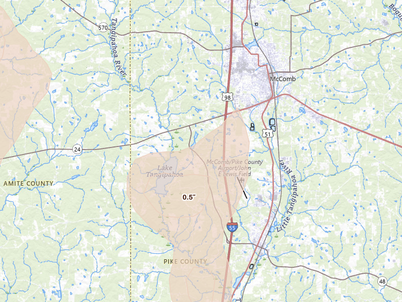 Radar-estimated hail-size map of the storm over Mccomb, MS on Aug 21, 2026