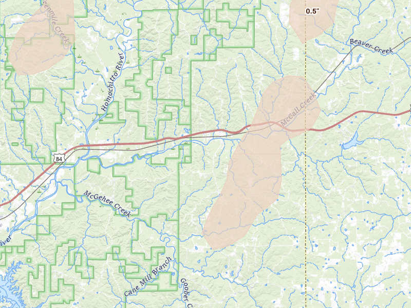 Radar-estimated hail-size map of the storm over Meadville, MS on Mar 7, 2026