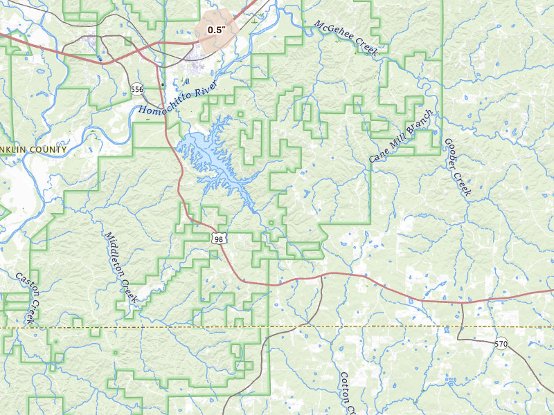 Radar-estimated hail-size map of the storm over Meadville, MS on Apr 25, 2026