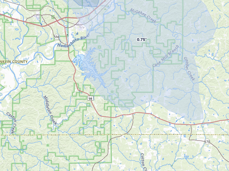 NEXRAD radar-signature map of the hail over Meadville, MS