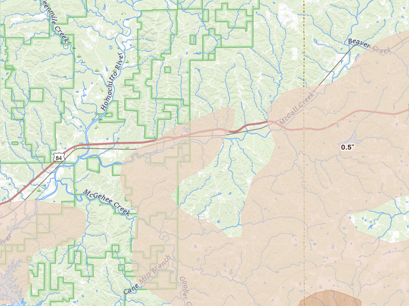 Radar-estimated hail-size map of the storm over Meadville, MS on May 6, 2026
