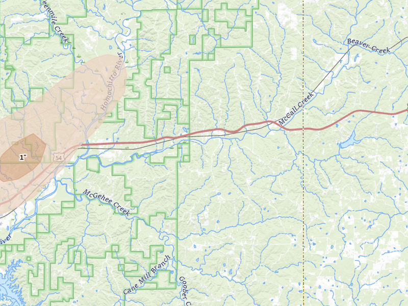 Radar-estimated hail-size map of the storm over Meadville, MS on May 22, 2026