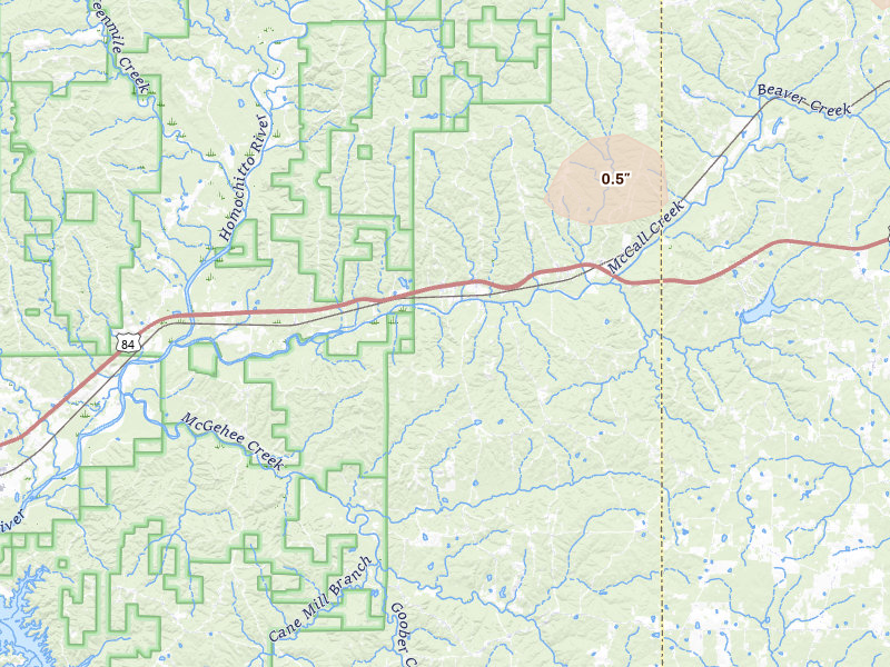 Radar-estimated hail-size map of the storm over Meadville, MS on Jun 2, 2026