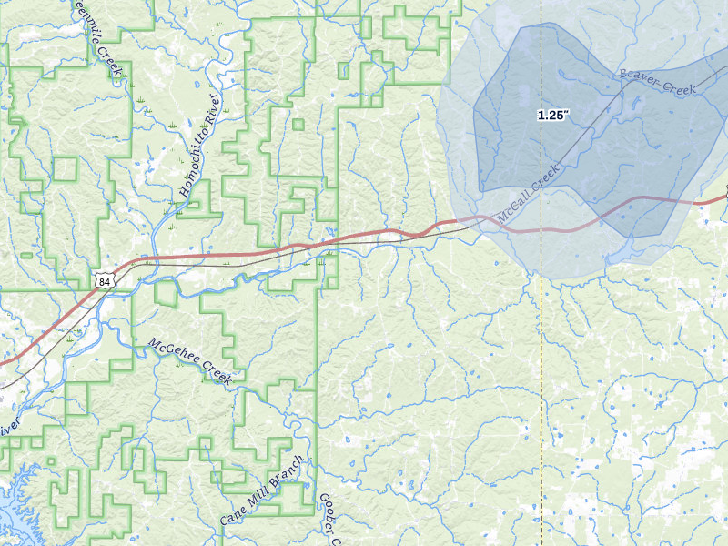 NEXRAD radar-signature map of the hail over Meadville, MS