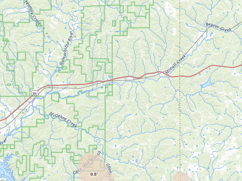 Radar-estimated hail-size map of the storm over Meadville, MS on Jul 30, 2026