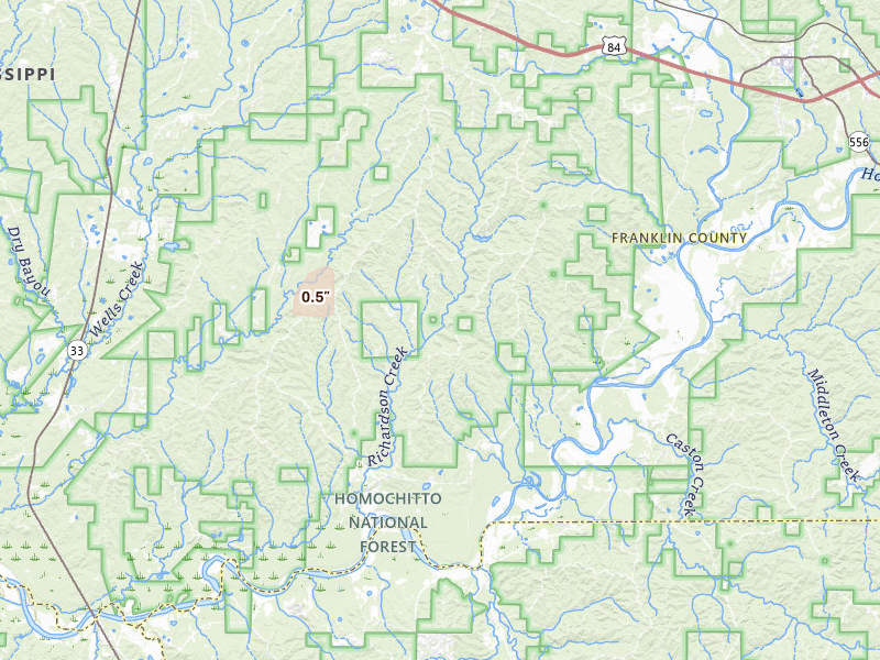 Radar-estimated hail-size map of the storm over Meadville, MS on Aug 6, 2026