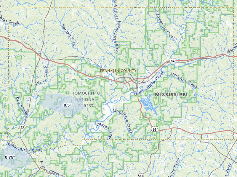 NEXRAD radar-signature map of the hail storm over Meadville, MS on Aug 6, 2026