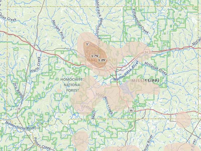 Radar-estimated hail-size map of the storm over Meadville, MS on Aug 21, 2026