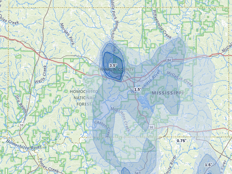 NEXRAD radar-signature map of the hail storm over Meadville, MS on Aug 21, 2026