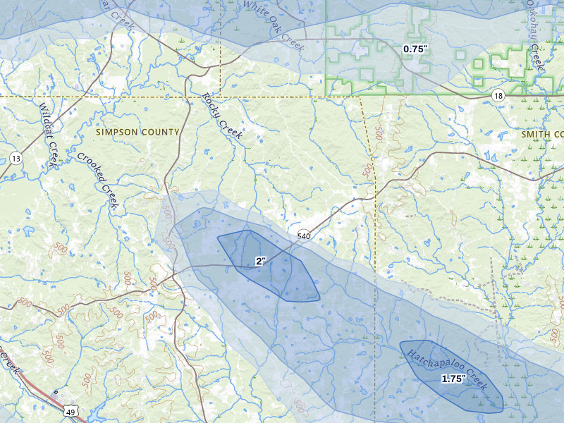 NEXRAD radar-signature map of the hail over Mendenhall, MS