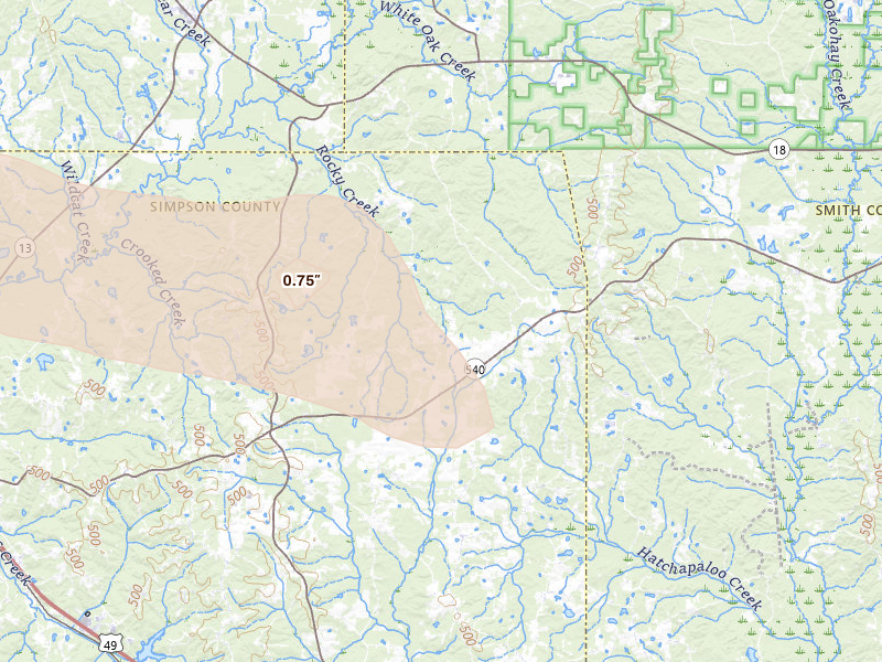 Radar-estimated hail-size map of the storm over Mendenhall, MS on Apr 25, 2026