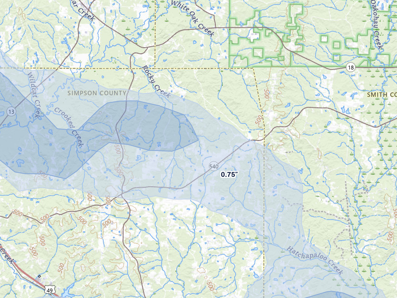 NEXRAD radar-signature map of the hail over Mendenhall, MS