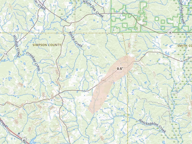 Radar-estimated hail-size map of the storm over Mendenhall, MS on May 22, 2026