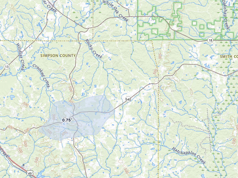 NEXRAD radar-signature map of the hail storm over Mendenhall, MS on Jun 1, 2026
