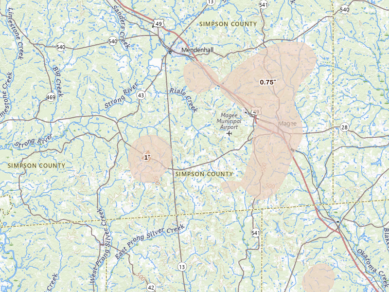 Radar-estimated hail-size map of the storm over Mendenhall, MS on Aug 20, 2026