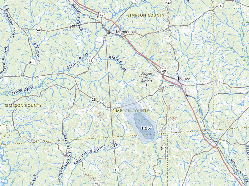 NEXRAD radar-signature map of the hail storm over Mendenhall, MS on Aug 20, 2026