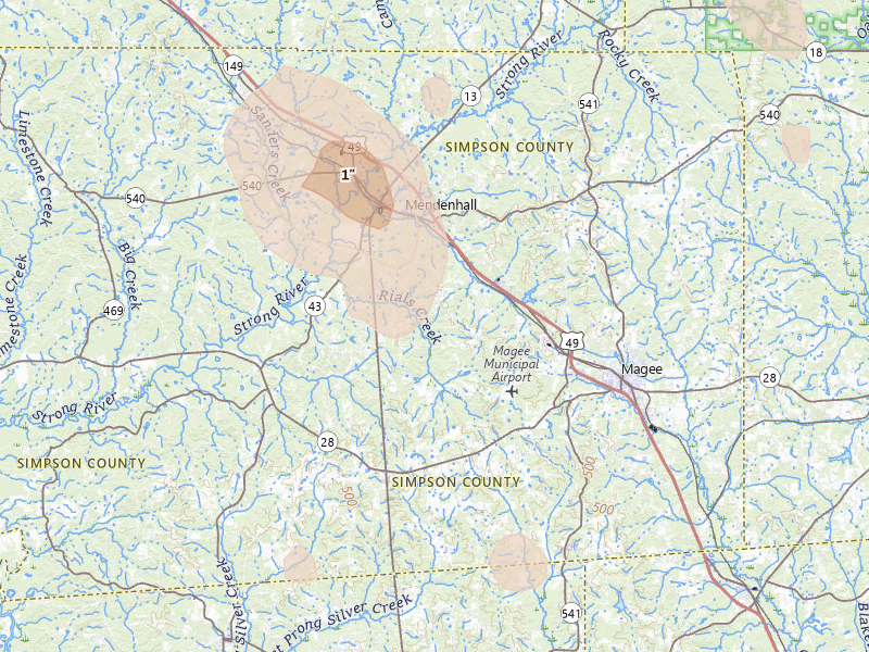 Radar-estimated hail-size map of the storm over Mendenhall, MS on Aug 21, 2026