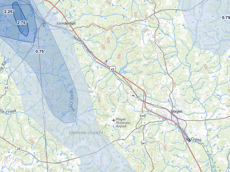 NEXRAD radar-signature map of the hail storm over Mendenhall, MS on Aug 21, 2026