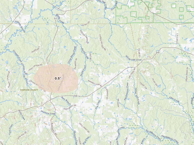 Radar-estimated hail-size map of the storm over Mendenhall, MS on Sep 13, 2026