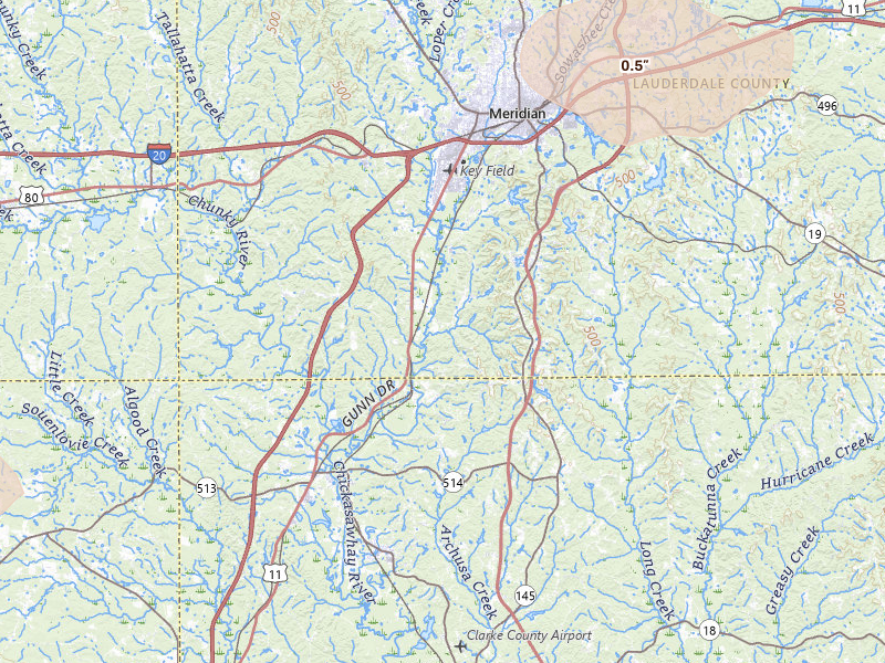 Radar-estimated hail-size map of the storm over Meridian, MS on Apr 24, 2026