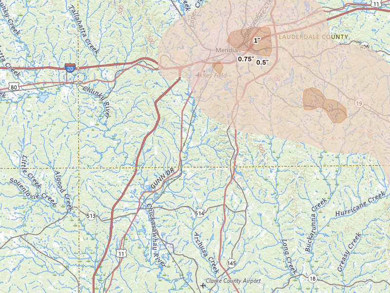 Radar-estimated hail-size map of the storm over Meridian, MS on Apr 28, 2026