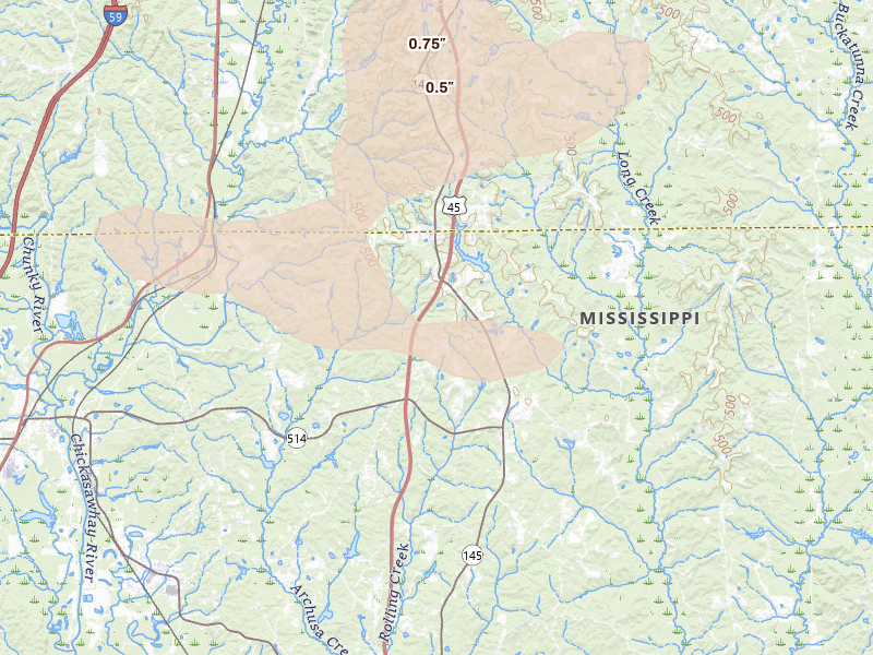 Radar-estimated hail-size map of the storm over Meridian, MS on Apr 29, 2026