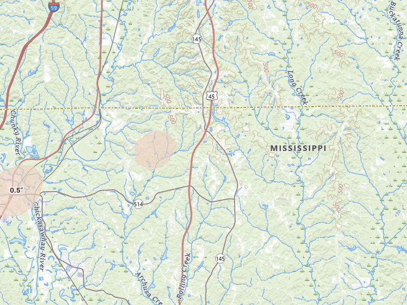 Radar-estimated hail-size map of the storm over Meridian, MS on May 6, 2026