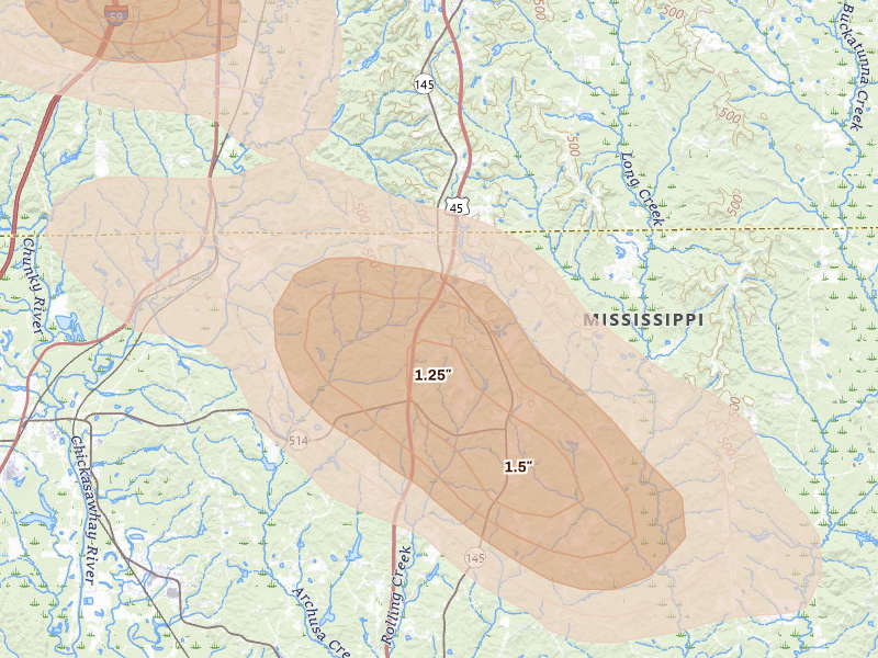 Radar-estimated hail-size map of the storm over Meridian, MS on May 10, 2026