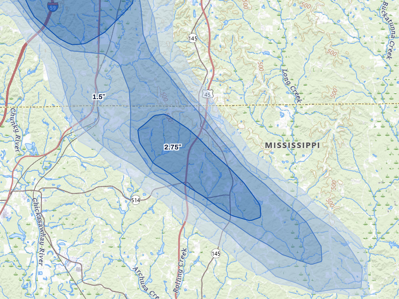 NEXRAD radar-signature map of the hail storm over Meridian, MS on May 10, 2026