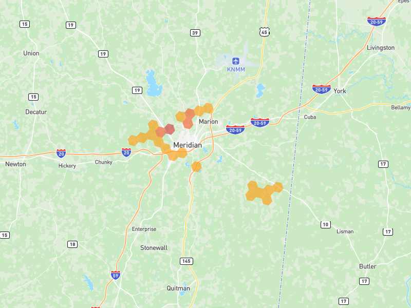 Hail map of Meridian, MS on Jul 5, 2026, hail up to 2.25"