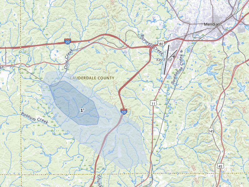 NEXRAD radar-signature map of the hail storm over Meridian, MS on Jul 31, 2026