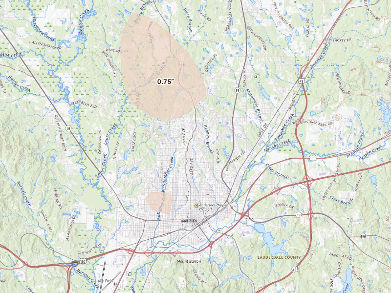Radar-estimated hail-size map of the storm over Meridian, MS