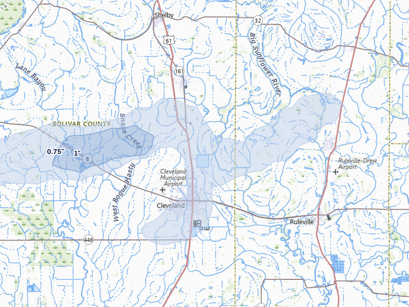NEXRAD radar-signature map of the hail over Merigold, MS