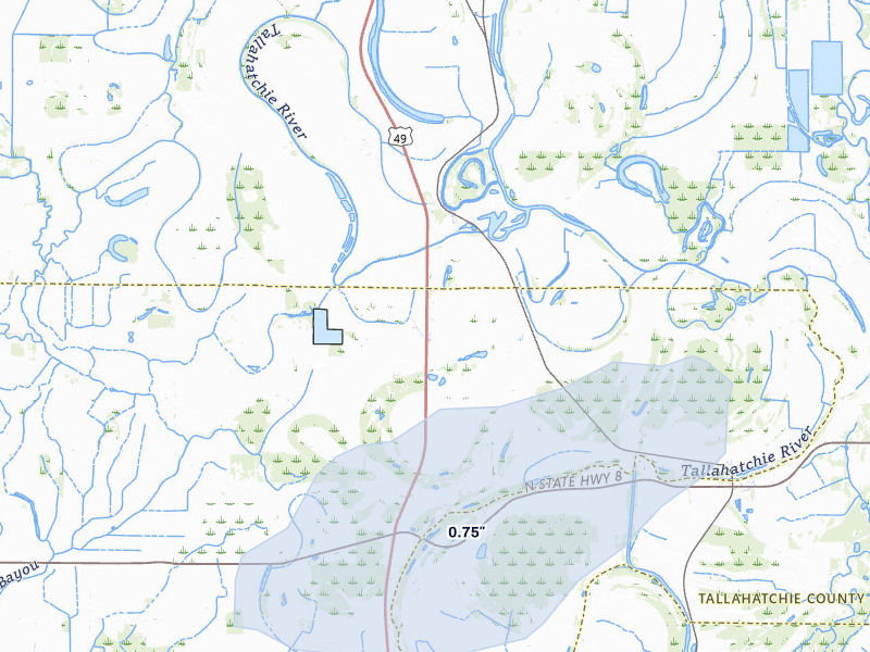 NEXRAD radar-signature map of the hail over Minter City, MS