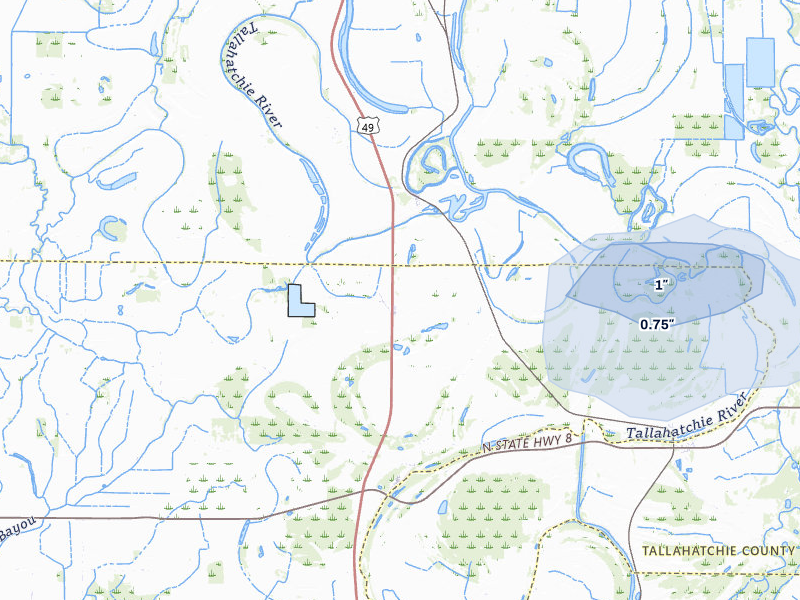 NEXRAD radar-signature map of the hail storm over Minter City, MS on Apr 28, 2026