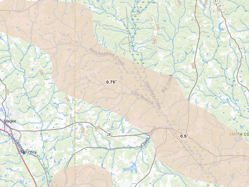 Radar-estimated hail-size map of the storm over Mize, MS on Apr 24, 2026