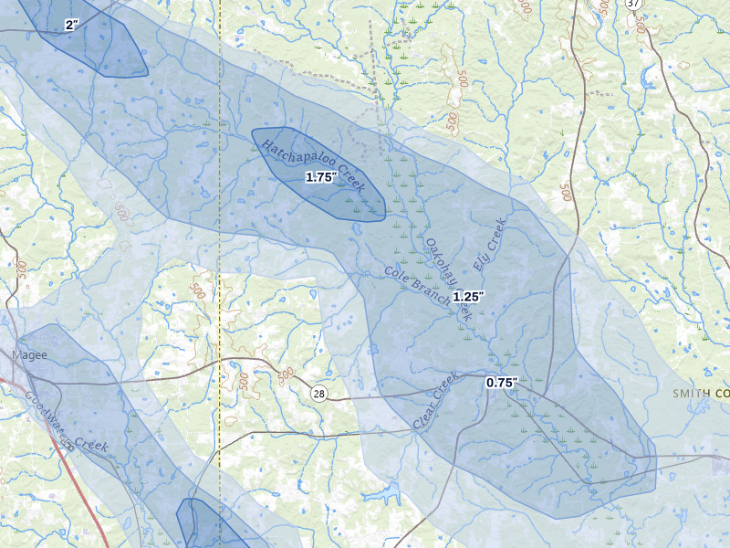 NEXRAD radar-signature map of the hail over Mize, MS
