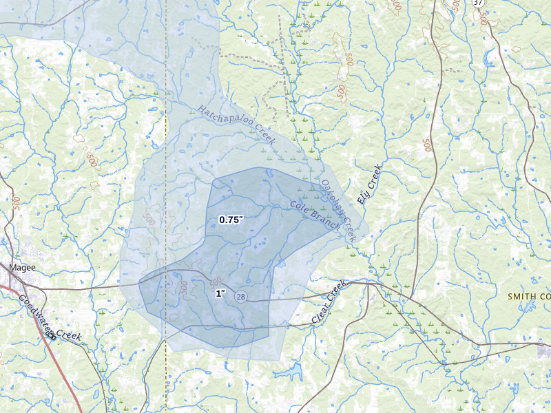 NEXRAD radar-signature map of the hail over Mize, MS