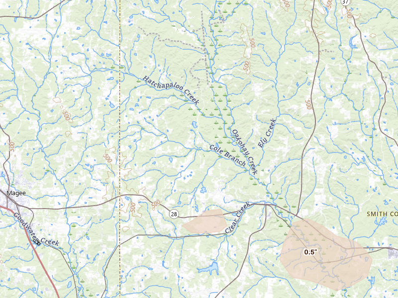 Radar-estimated hail-size map of the storm over Mize, MS on Apr 26, 2026