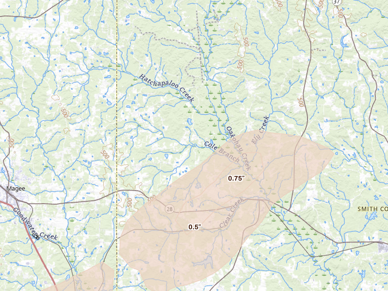 Radar-estimated hail-size map of the storm over Mize, MS on May 6, 2026