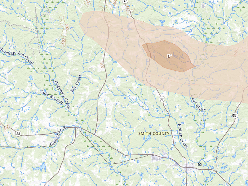 Radar-estimated hail-size map of the storm over Mize, MS on Aug 21, 2026