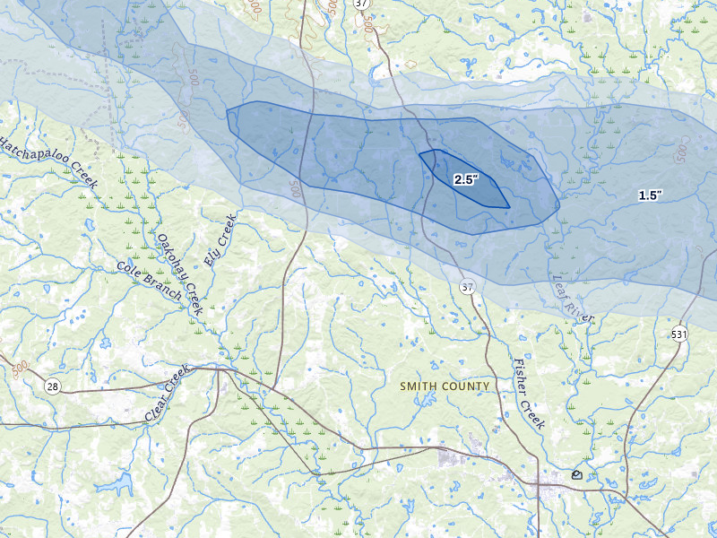 NEXRAD radar-signature map of the hail storm over Mize, MS on Aug 21, 2026