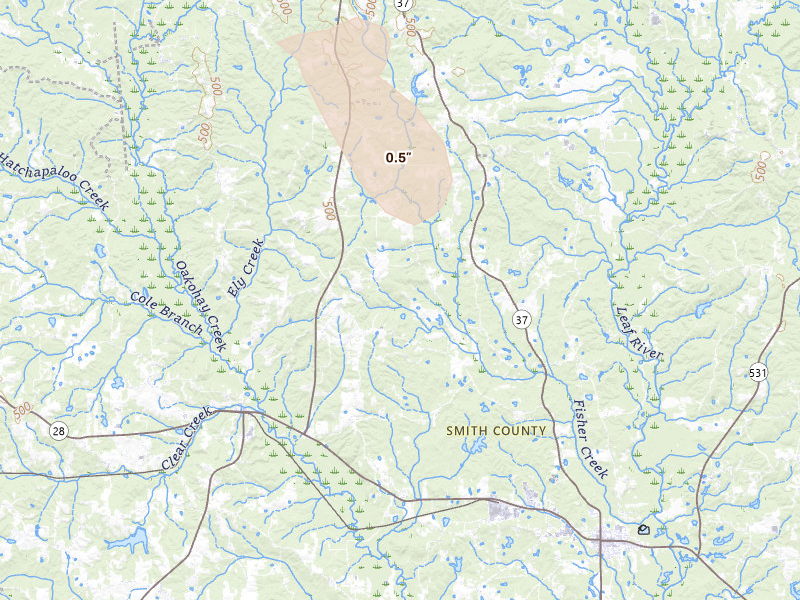 Radar-estimated hail-size map of the storm over Mize, MS on Sep 3, 2026