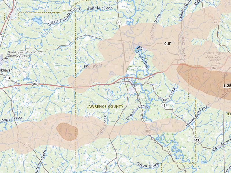 Radar-estimated hail-size map of the storm over Monticello, MS on Apr 24, 2026