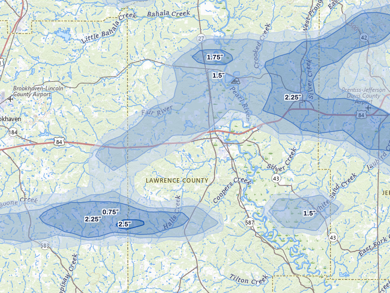 NEXRAD radar-signature map of the hail storm over Monticello, MS on Apr 24, 2026