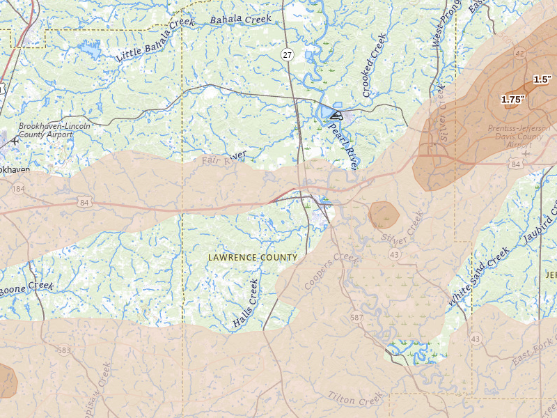 Radar-estimated hail-size map of the storm over Monticello, MS on May 6, 2026