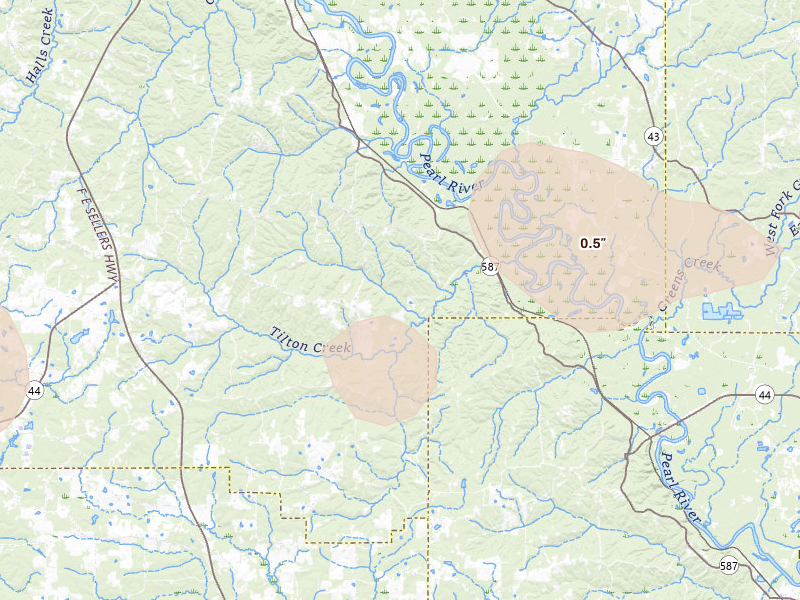Radar-estimated hail-size map of the storm over Monticello, MS on Aug 20, 2026