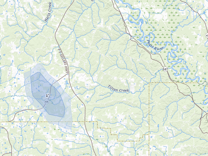 NEXRAD radar-signature map of the hail storm over Monticello, MS on Aug 20, 2026