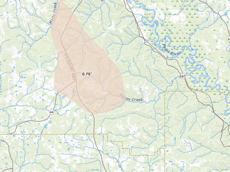 Radar-estimated hail-size map of the storm over Monticello, MS on Aug 21, 2026